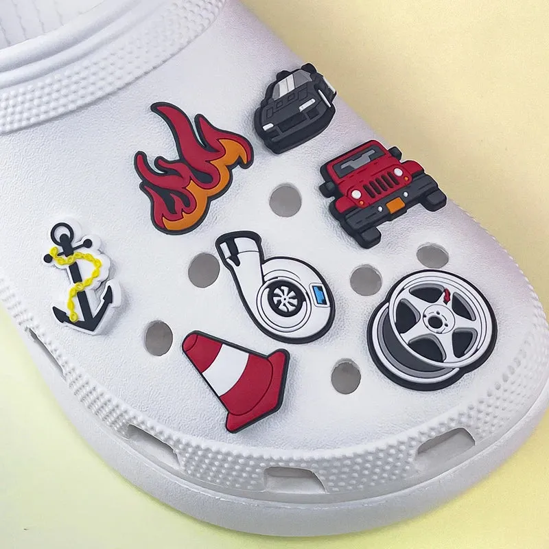 1/9pcs Cruel Jeep Sports Car Shoe Charms for Boys Kids Gift Turbine Hub Shoe Decoration Accessories Ship's Anchor Pin Clog