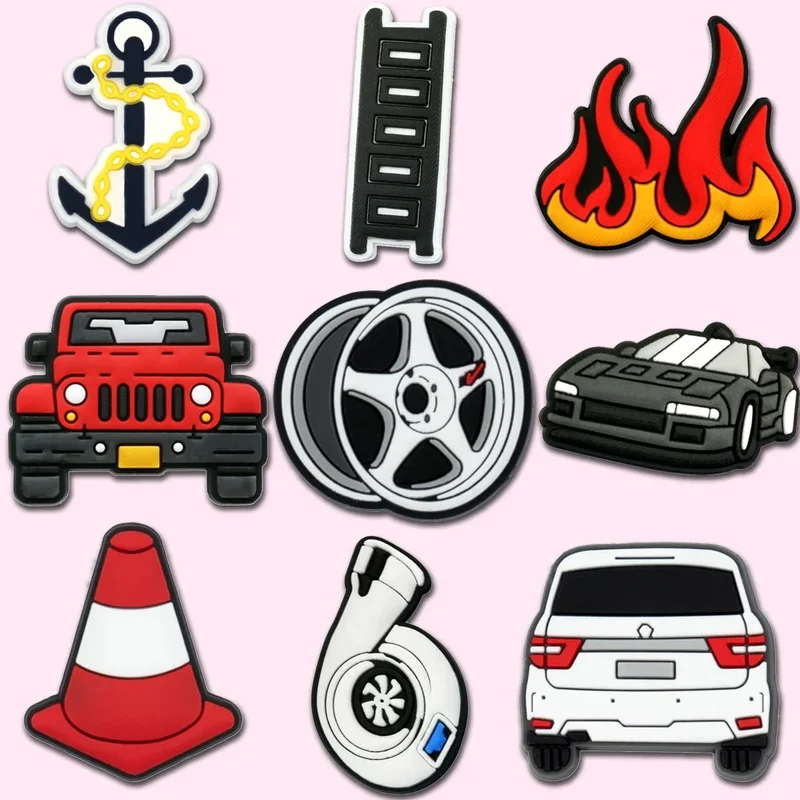 1/9pcs Cruel Jeep Sports Car Shoe Charms for Boys Kids Gift Turbine Hub Shoe Decoration Accessories Ship's Anchor Pin Clog
