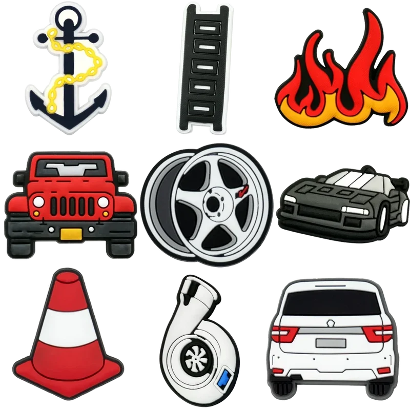 1/9pcs Cruel Jeep Sports Car Shoe Charms for Boys Kids Gift Turbine Hub Shoe Decoration Accessories Ship's Anchor Pin Clog