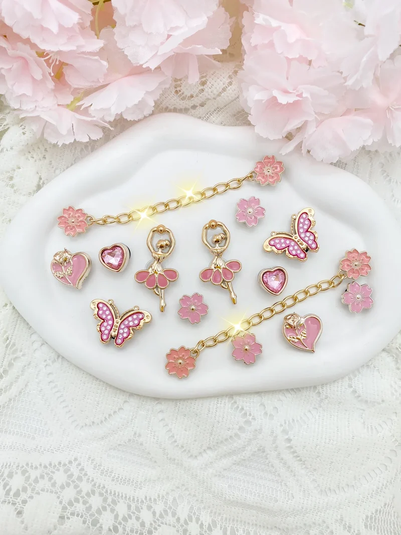 14pcs Fashion ABS Shoe Charms – Pink Flowers, Butterflies, Hearts & Flower Chains. DIY Removable Clog Decorations for Sandals, A