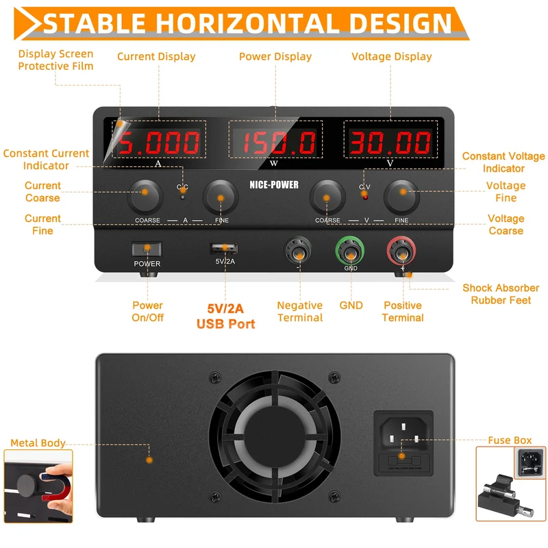 NICE-POWER SPS-H305 Black 30V 5A Repair Usb Switching Variable Adjustable Digital Bench Mini Voltage Dc Power Supply