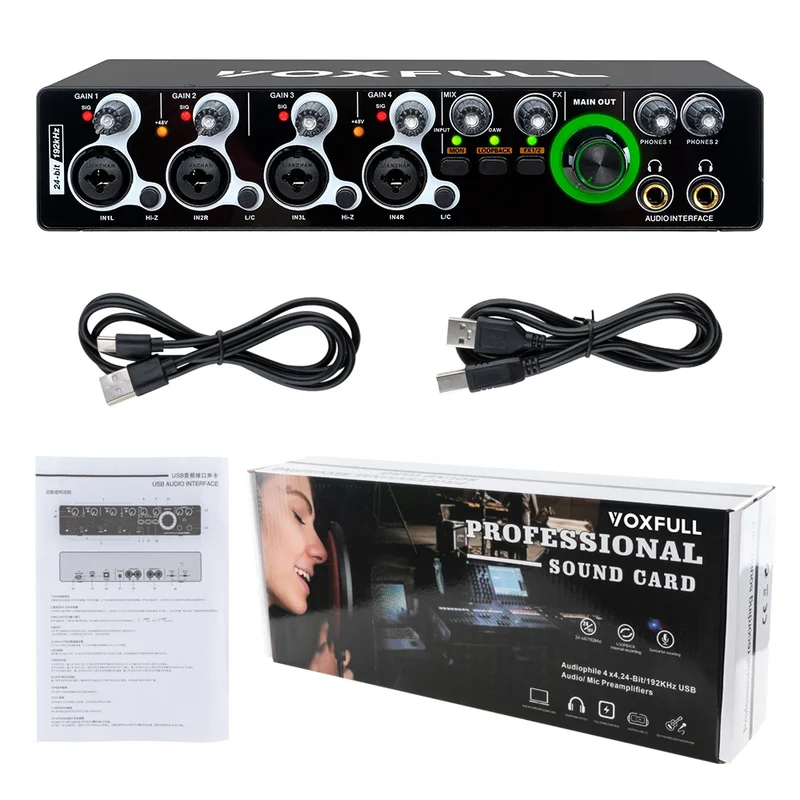 Voxfull MD404 Professional 24Bit 192KHz Mini USB Audio Interface 4 Channel USB Sound Card for Live Music Recording Studio