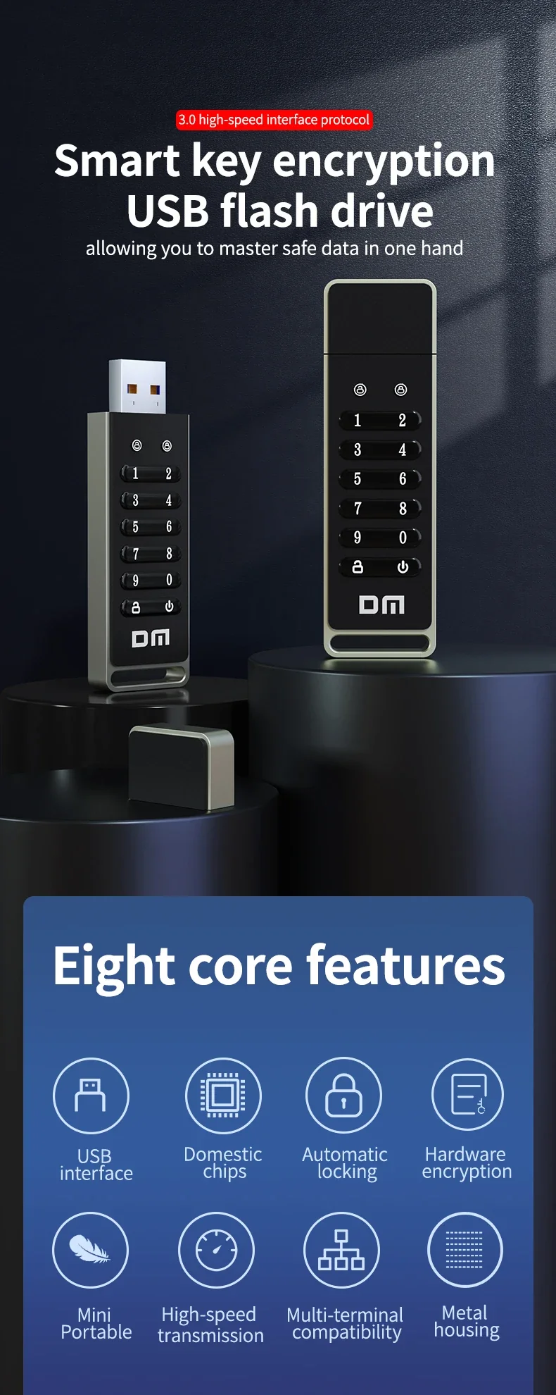 DM FD063 256-bit Encrypted USB Drive Password Secure Flash Drive USB3.0 U Disk Support Reset/Wipe/Auto Lock Function