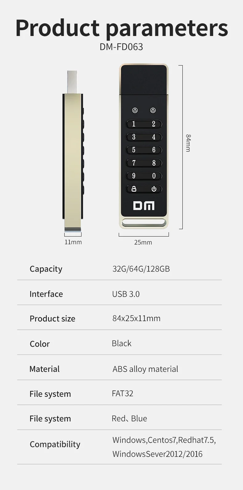 DM FD063 256-bit Encrypted USB Drive Password Secure Flash Drive USB3.0 U Disk Support Reset/Wipe/Auto Lock Function
