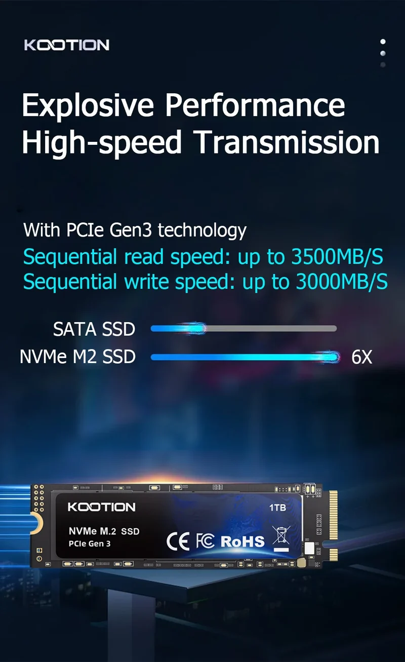 KOOTION SSD NVMe M.2 2280 2TB 1TB 512GB 256GB Internal Solid State Hard Disk PCIe 3.0x4 Gen3 M2 SSD Drive for PC Laptop Desktop