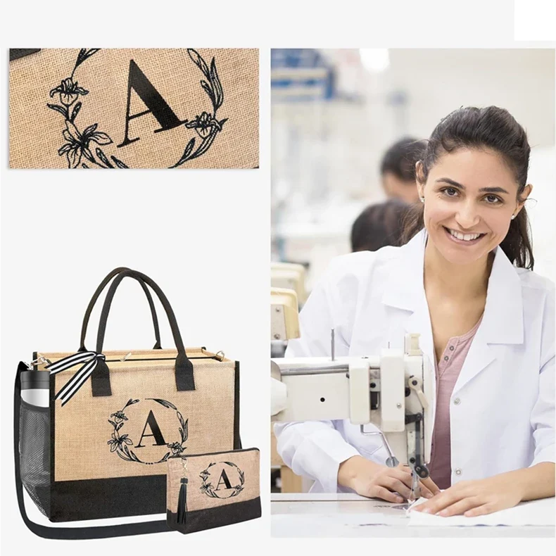Wholesale Natural Eco Friendly Reusable Inner Lamination Laminated Linen Hessian Beach Grocery Shopping Jute Burlap Tote Bag