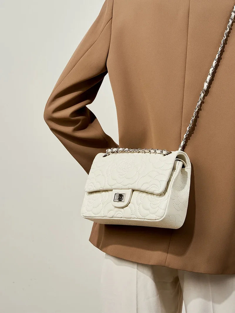 Fashion Goat Leather Bag Purse Tote Stitching Rose Handbag Metal Lock Genuine Sheepskin Crossbody Bag Handbags for Women