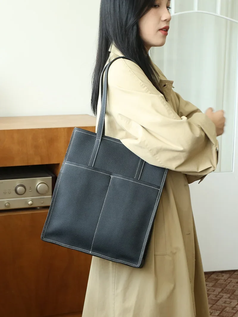 Women Luxury Full Grain Genuine Real Leather Bag Tote Shopping Laptop Cowhide Handbag for Lady Shoulder Custom Logo