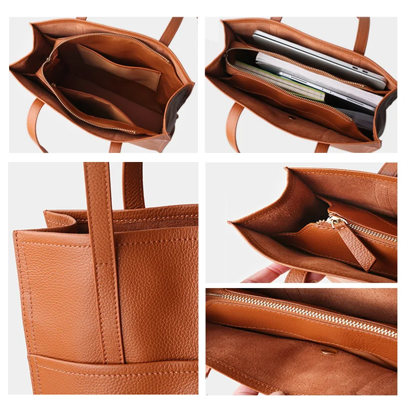 Women Luxury Full Grain Genuine Real Leather Bag Tote Shopping Laptop Cowhide Handbag for Lady Shoulder Custom Logo