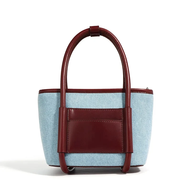 Genuine Leather and Denim Tone Bucket Bag Blue Wine Red Contrast Color Handbag Top Zipper Closure Multi Pocket Purse for Daily