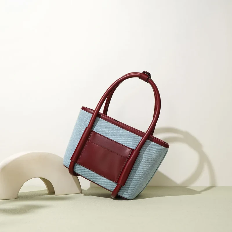 Genuine Leather and Denim Tone Bucket Bag Blue Wine Red Contrast Color Handbag Top Zipper Closure Multi Pocket Purse for Daily