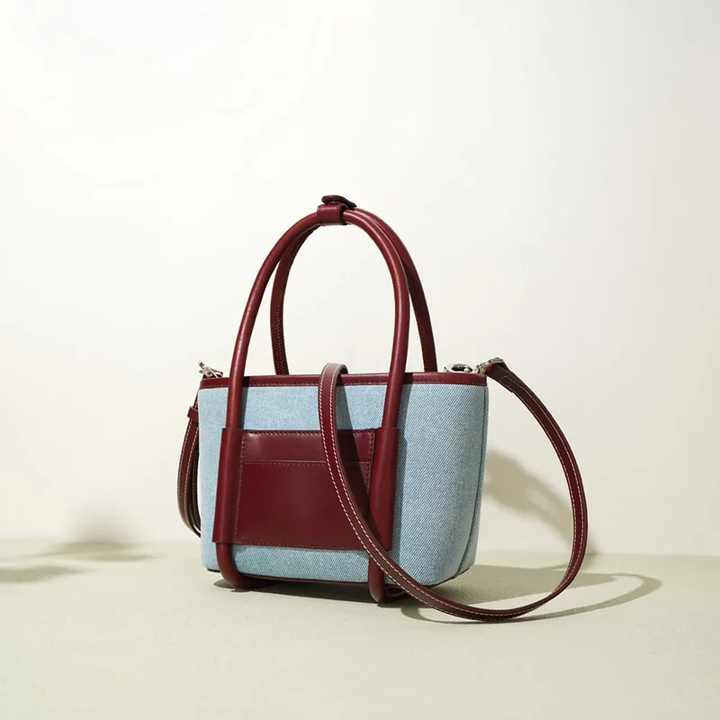 Genuine Leather and Denim Tone Bucket Bag Blue Wine Red Contrast Color Handbag Top Zipper Closure Multi Pocket Purse for Daily