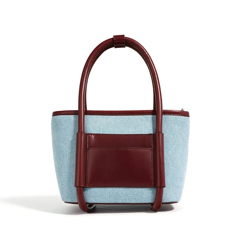 Genuine Leather and Denim Tone Bucket Bag Blue Wine Red Contrast Color Handbag Top Zipper Closure Multi Pocket Purse for Daily