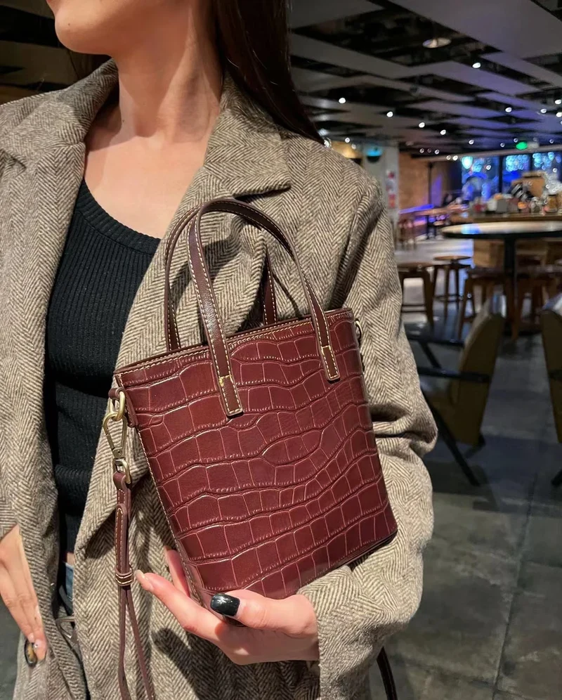 Luxury Ladies Casual Handbags Women'S Embossed Crocodile Genuine Cowhide Leather Tote Bucket Crossbody Shoulder Bag Purses