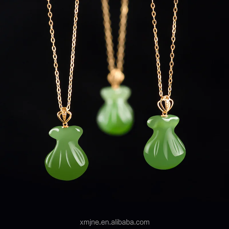 Certified Grade a Natural Spinach Green Hotan Jade Green Jade Lucky Bag Money 18K Gold Inlaid Jade Necklace Pendant Lady