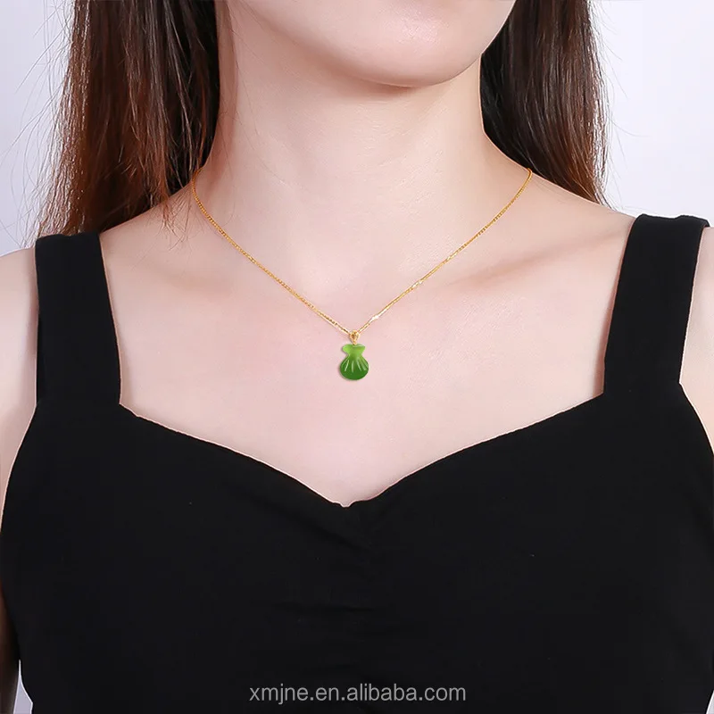 Certified Grade a Natural Spinach Green Hotan Jade Green Jade Lucky Bag Money 18K Gold Inlaid Jade Necklace Pendant Lady