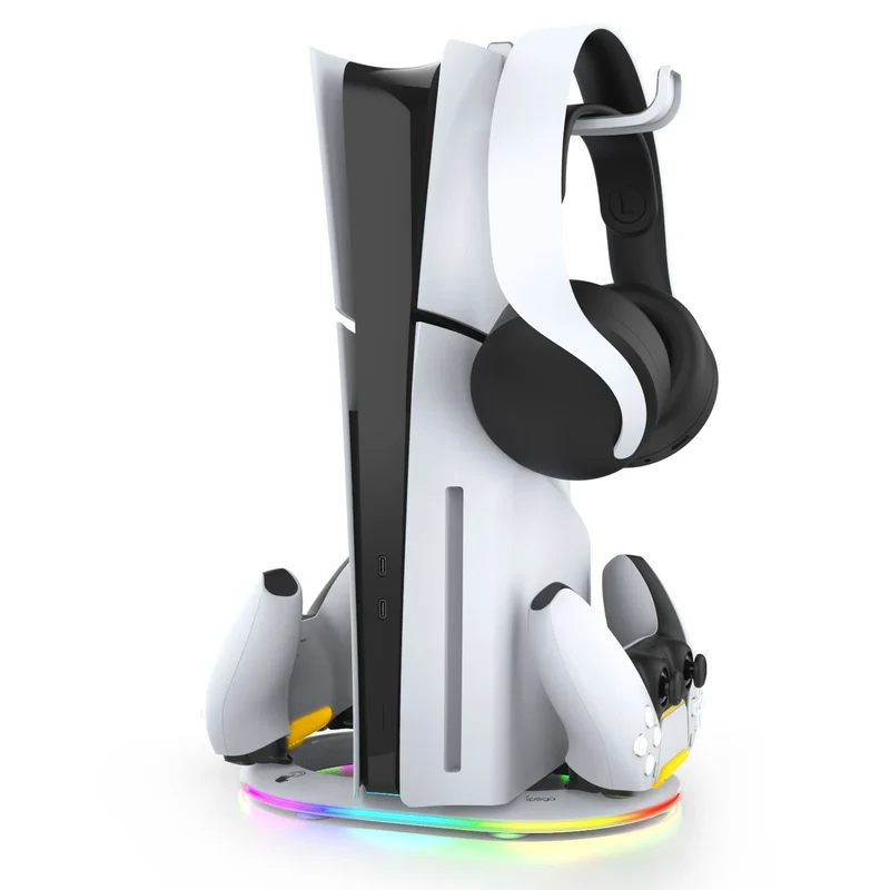 With 14 RGB Lighting 2 Type C Charging Port Vertical Stand Charging Dock for Ps5/ps5 Slim Console Charger