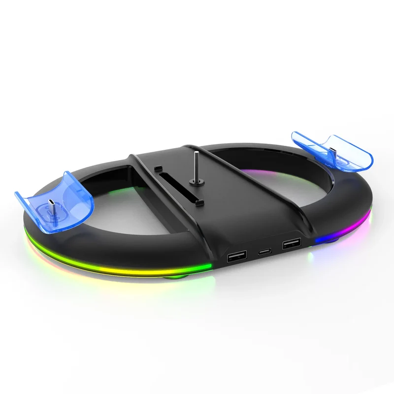 With 14 RGB Lighting 2 Type C Charging Port Vertical Stand Charging Dock for Ps5/ps5 Slim Console Charger