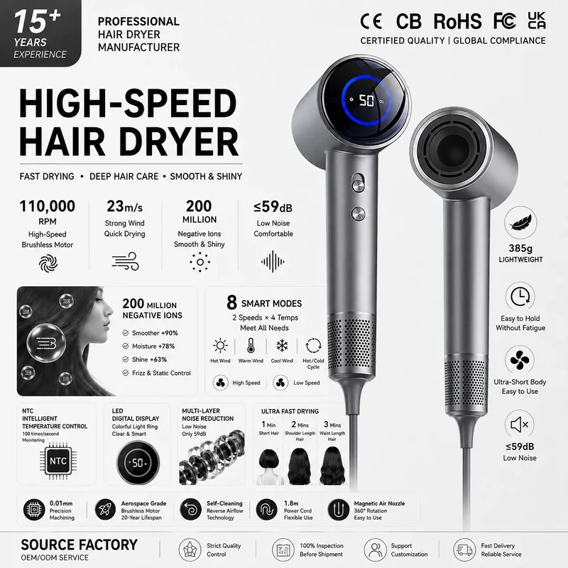 Custom Professional Household Hair Dryer Light Weight High-Speed Reverse Air One Step Negative Ionic Turbo Electric Hotel