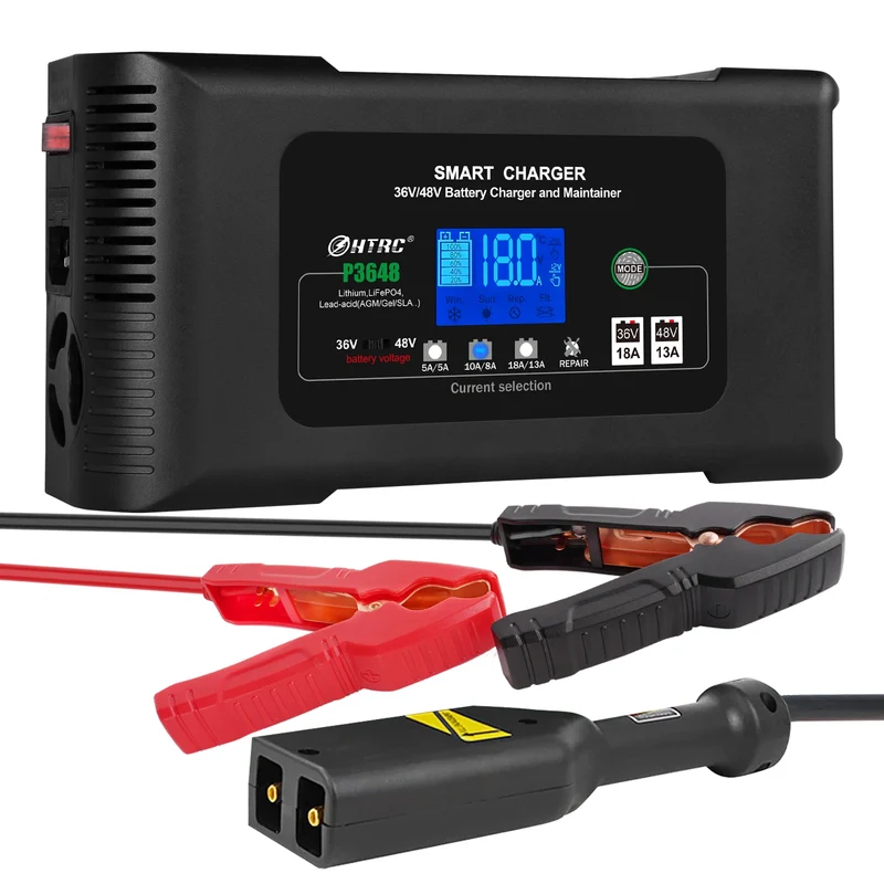 HTRC Smart Charger 48V/13A for 36Volt Golf Cart PB LiFePO4 Lead-Acid Battery & Electric Automatic Motorcycle 36V/18A AC Port