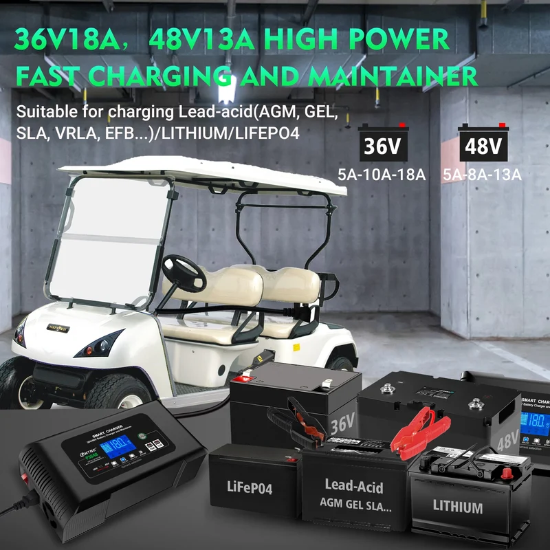 HTRC Smart Charger 48V/13A for 36Volt Golf Cart PB LiFePO4 Lead-Acid Battery & Electric Automatic Motorcycle 36V/18A AC Port