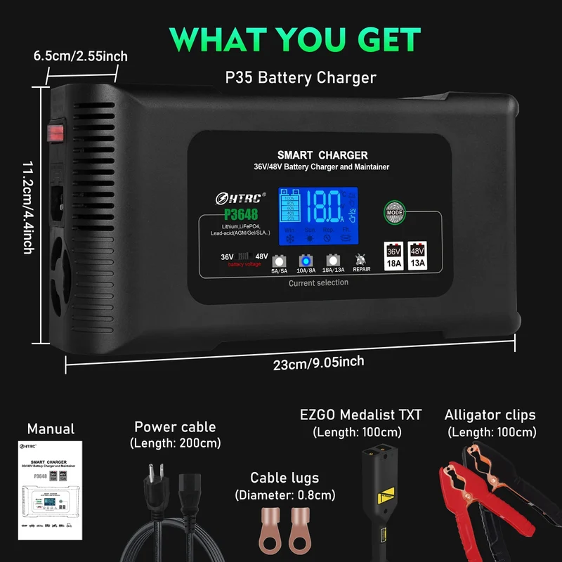 HTRC Smart Charger 48V/13A for 36Volt Golf Cart PB LiFePO4 Lead-Acid Battery & Electric Automatic Motorcycle 36V/18A AC Port
