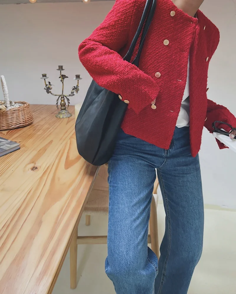 2023 Winter Women Red Trench Coats Woolen Tweed Short Jackets Blazers Raincoat Za Oem Korean Fashion Y2k Clothes Overcoat Parkas