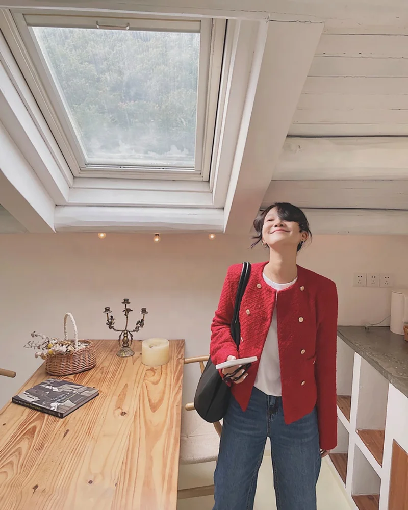 2023 Winter Women Red Trench Coats Woolen Tweed Short Jackets Blazers Raincoat Za Oem Korean Fashion Y2k Clothes Overcoat Parkas