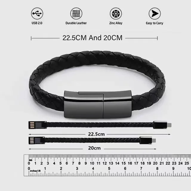 Leather Braided Bracelet Data Charger Bracelet for iPhone Android for Type C Cable Charger Bracelet