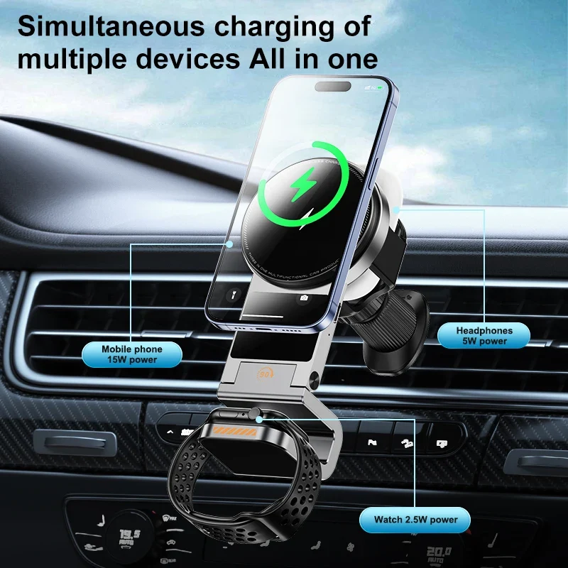 3-in-1 Magnetic Car Phone Smart Watch Smart Headset Car Wireless Charger Phone Holder Magnetic Phone Holder for Car 2025 New