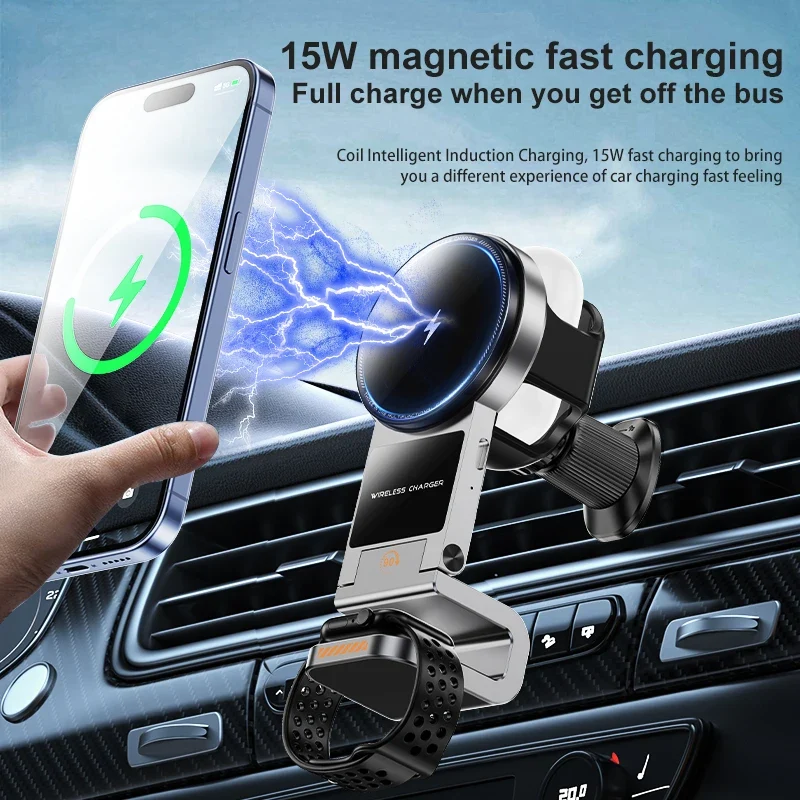 3-in-1 Magnetic Car Phone Smart Watch Smart Headset Car Wireless Charger Phone Holder Magnetic Phone Holder for Car 2025 New