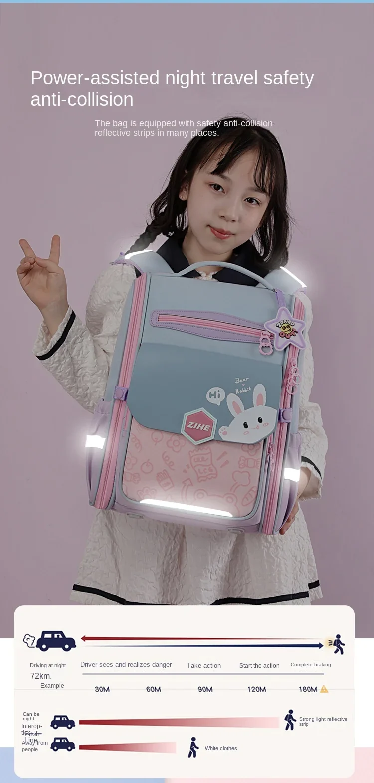 Ultra-Light Female Student Backpack Waterproof Fashion 1-4-6 Grade Contrast Color Ridge Protection Burden Reduction for Primary