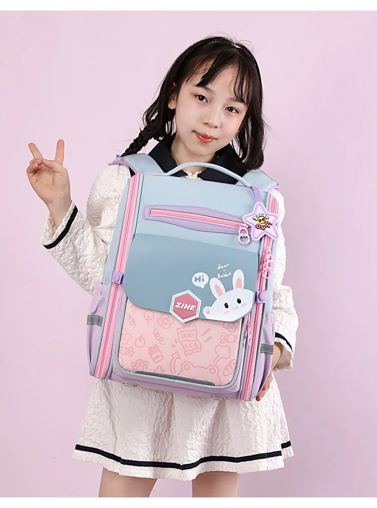 Ultra-Light Female Student Backpack Waterproof Fashion 1-4-6 Grade Contrast Color Ridge Protection Burden Reduction for Primary