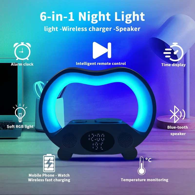 Wholesale Price Smart RGB Alarm Clock Colorful Light Mini Size G Shape Speaker Wake up Lamp with Charger for Iwatch