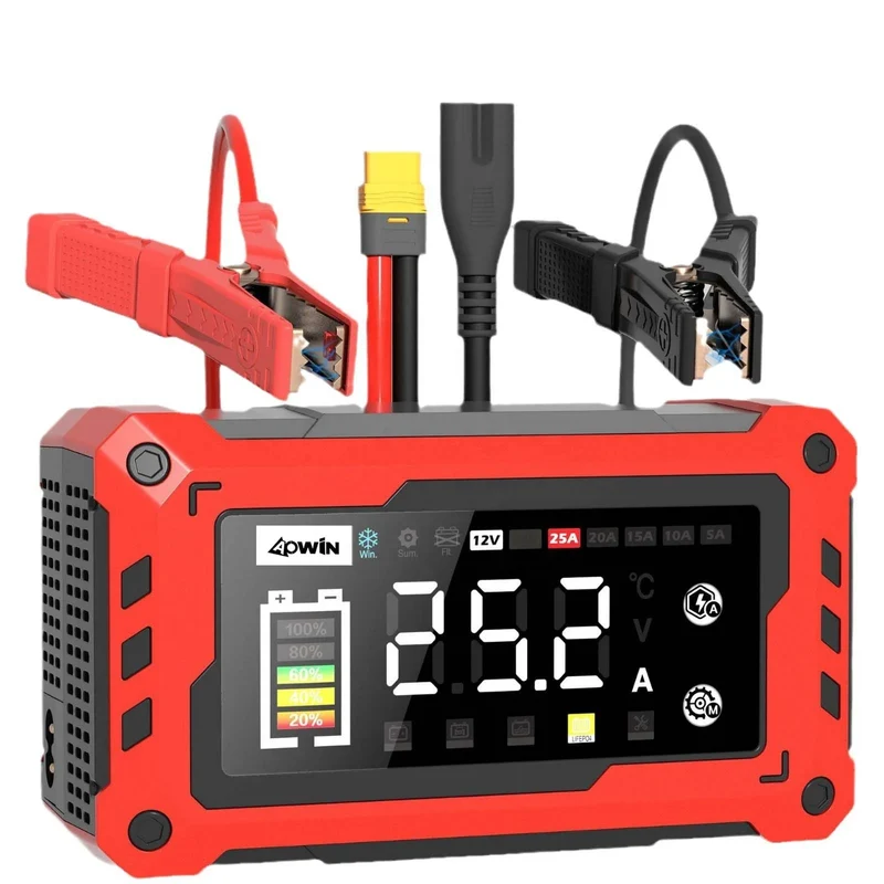 Automatic Universal Motorcycle Car Battery Charger 12V 24V 25A Adjustable Current 9-stage Battery Charger with Car Booster