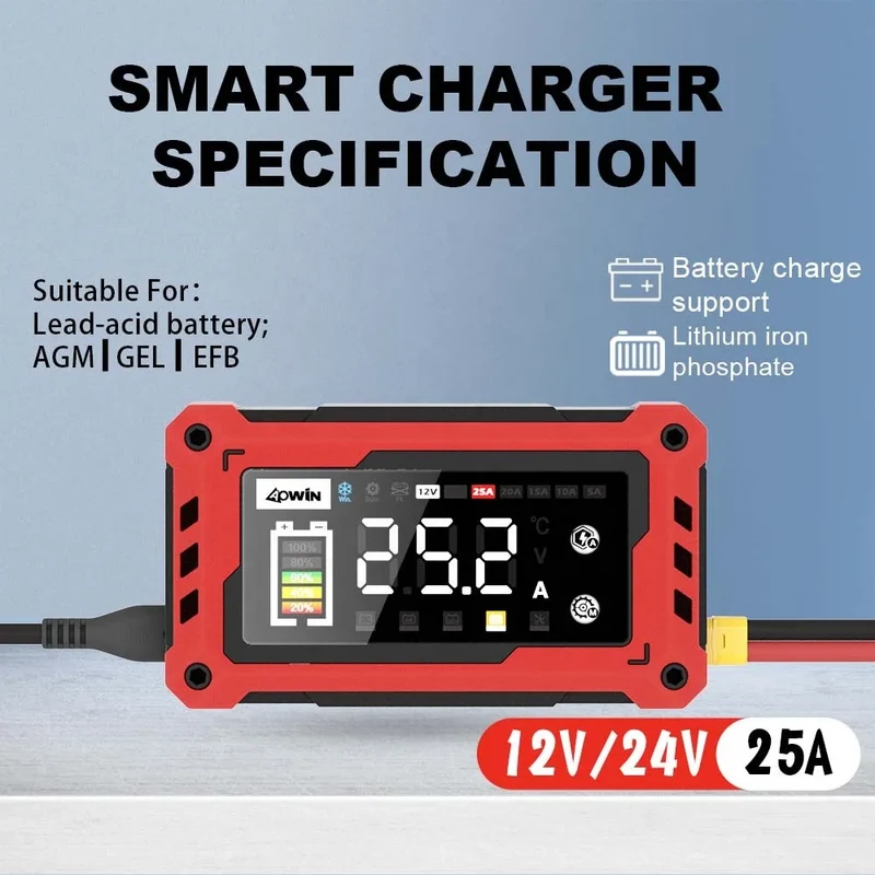 Automatic Universal Motorcycle Car Battery Charger 12V 24V 25A Adjustable Current 9-stage Battery Charger with Car Booster