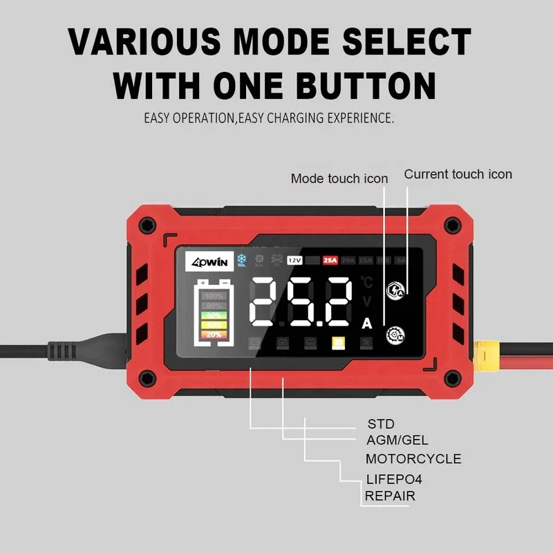 Automatic Universal Motorcycle Car Battery Charger 12V 24V 25A Adjustable Current 9-stage Battery Charger with Car Booster
