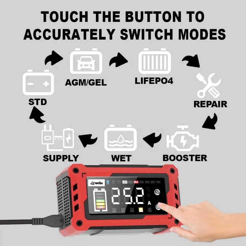 Automatic Universal Motorcycle Car Battery Charger 12V 24V 25A Adjustable Current 9-stage Battery Charger with Car Booster
