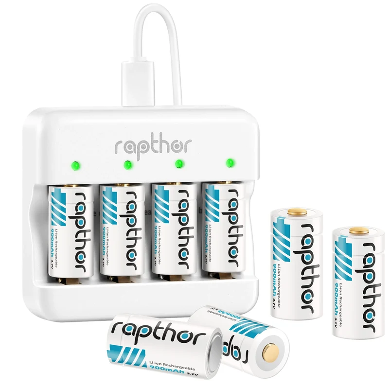 Rapthor 8 Pack 3.7V 900mAh Rechargeable CR123A Lithium Batteries with Charger Compatible with Arlo Cameras Flashlights Sensors