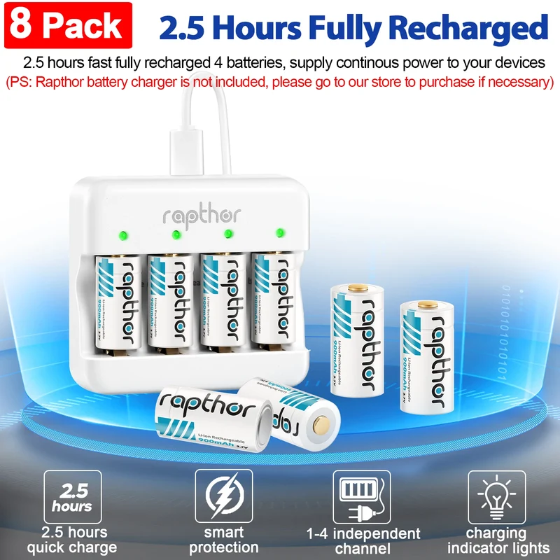 Rapthor 8 Pack 3.7V 900mAh Rechargeable CR123A Lithium Batteries with Charger Compatible with Arlo Cameras Flashlights Sensors
