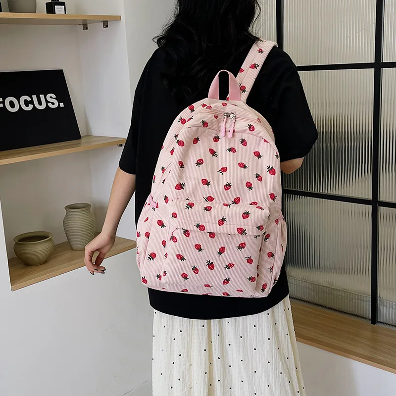 New Arrival Strawberry Print Corduroy Travel Backpack Multifunction Custom Cute Girls Casual College School Backpacks