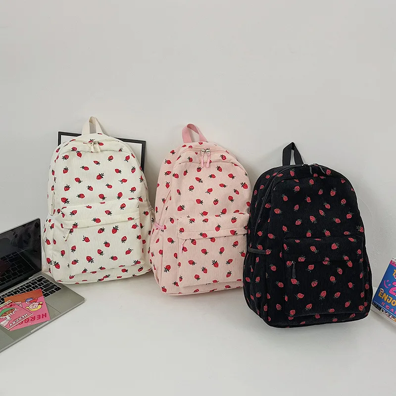 New Arrival Strawberry Print Corduroy Travel Backpack Multifunction Custom Cute Girls Casual College School Backpacks