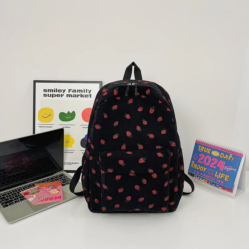 New Arrival Strawberry Print Corduroy Travel Backpack Multifunction Custom Cute Girls Casual College School Backpacks