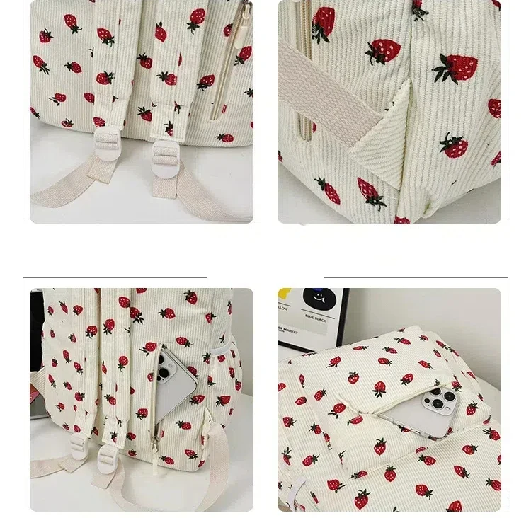 New Arrival Strawberry Print Corduroy Travel Backpack Multifunction Custom Cute Girls Casual College School Backpacks