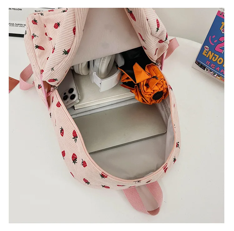 New Arrival Strawberry Print Corduroy Travel Backpack Multifunction Custom Cute Girls Casual College School Backpacks