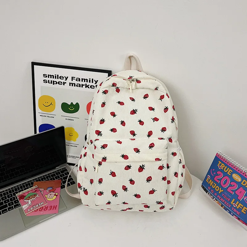 New Arrival Strawberry Print Corduroy Travel Backpack Multifunction Custom Cute Girls Casual College School Backpacks