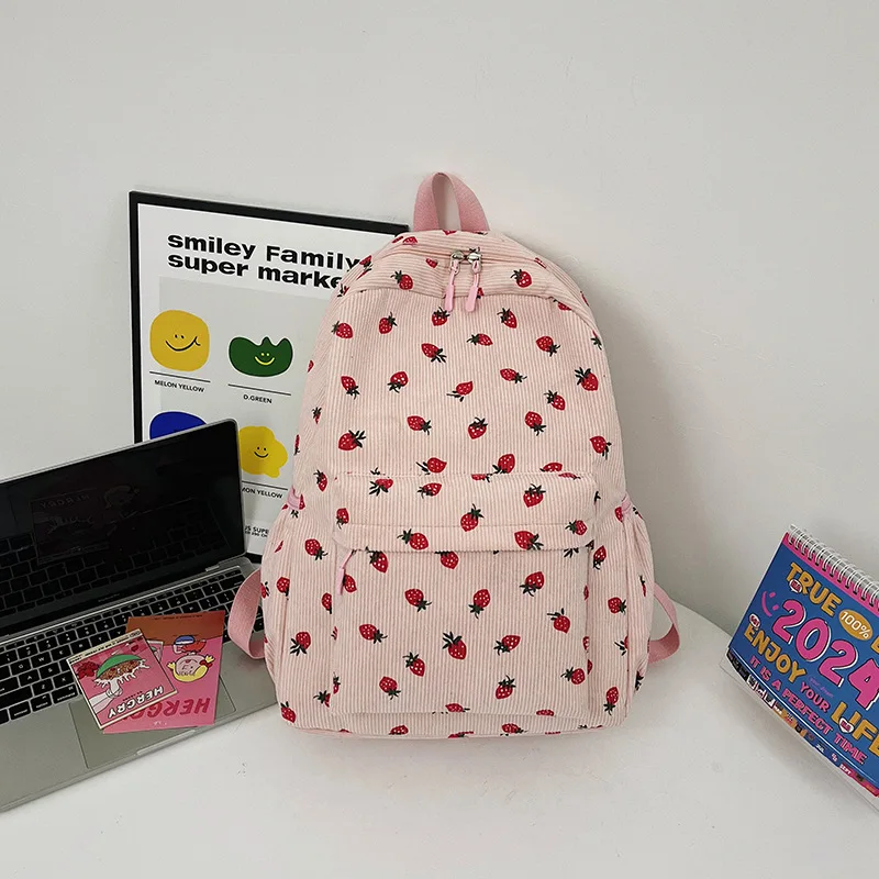 New Arrival Strawberry Print Corduroy Travel Backpack Multifunction Custom Cute Girls Casual College School Backpacks