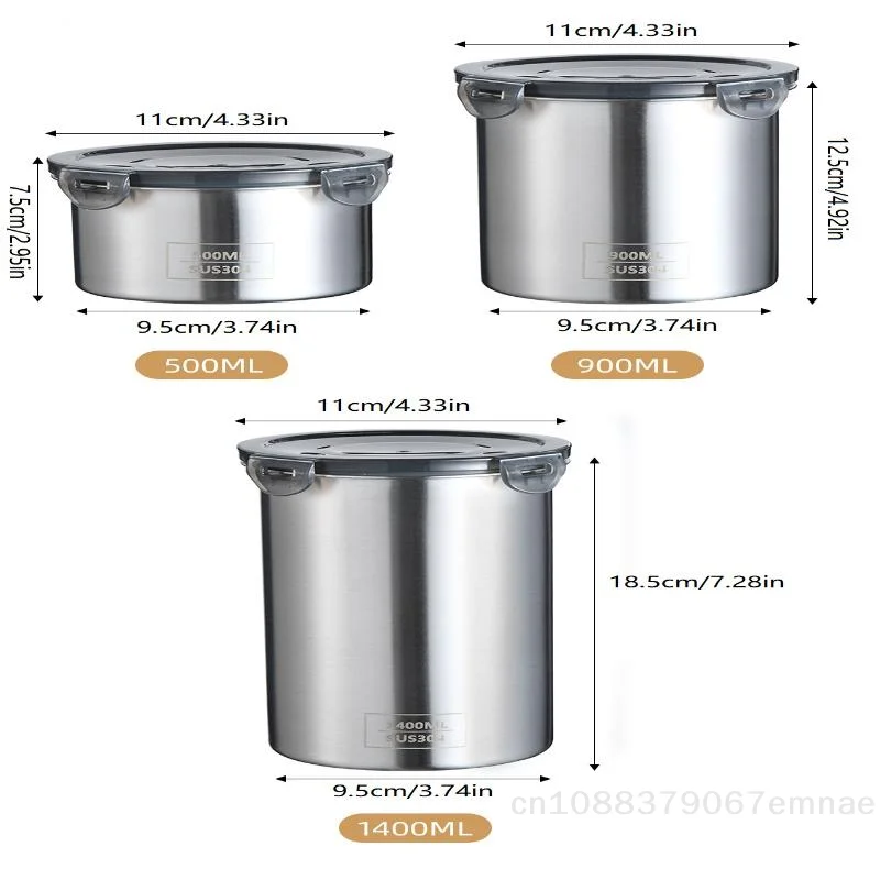 Stainless Steel Storage Jars Set 500/900/1400ml Sealed Containers Kitchen Organizer for Fresh Grain Vegetable Coffee