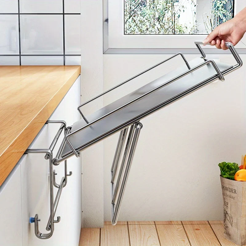 Stainless Steel Foldable Countertop Shelf Space Saving Cabinet Door Shelf No Drill Hanging Storage Bathroom Kitchen Organizer