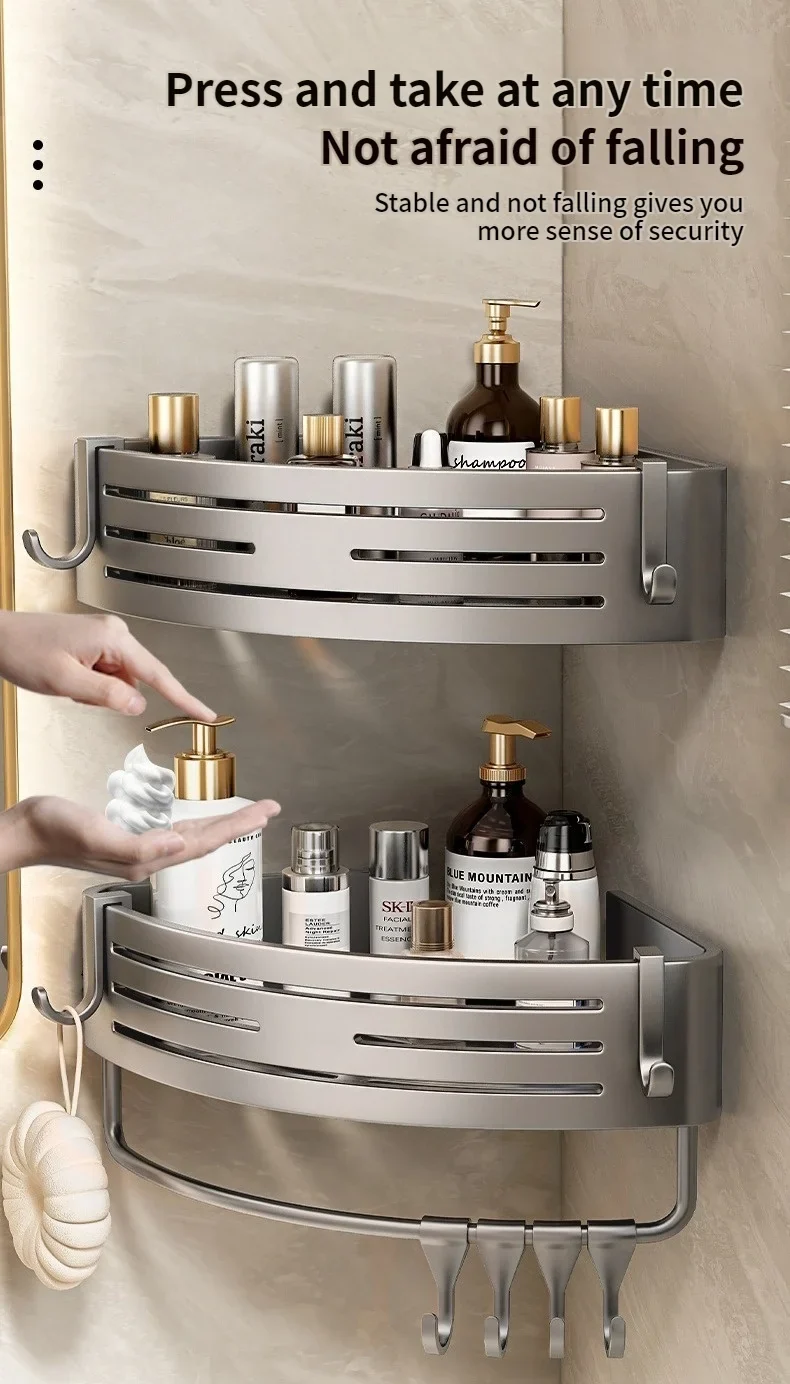 No Need To Drill Walls for Installation Aluminum Bathroom Shelf Shelves Shampoo Rack Storage Holder Kitchen Organizer Wall Rack